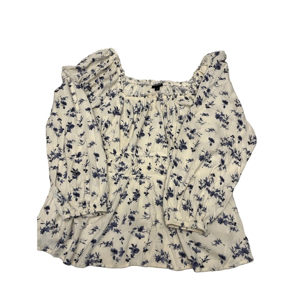 TORRID Women's Blouse White W Blue Floral On/0ff Shoulder Lots Of Stretch Sz 1 - Picture 3 of 5